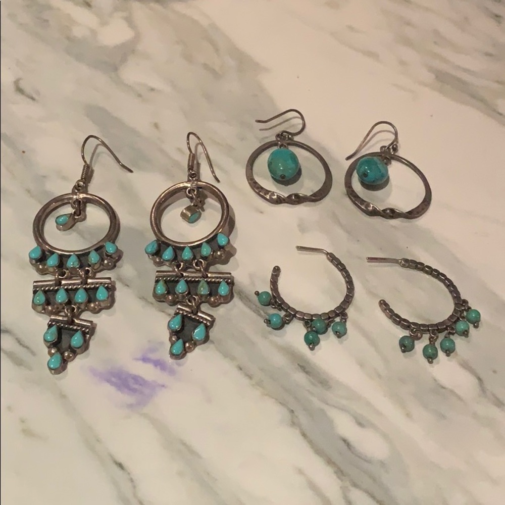 Three real turquoise and silver earrings